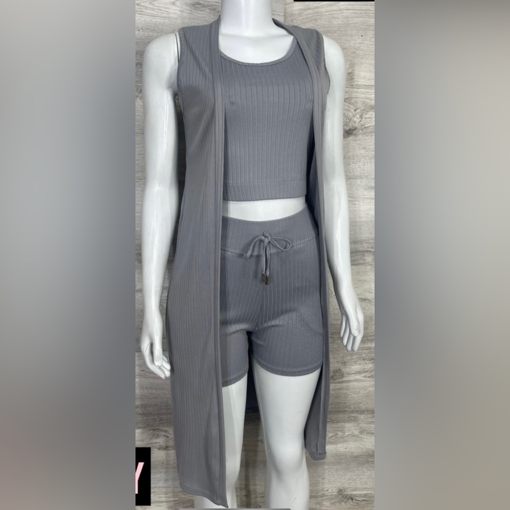 3 pc sleeveless cardigan set